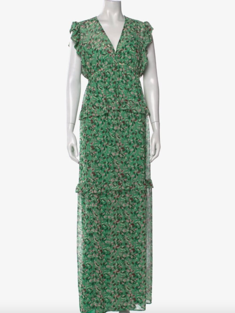 ba&sh green, floral maxi dress with creme slip - generous size XS